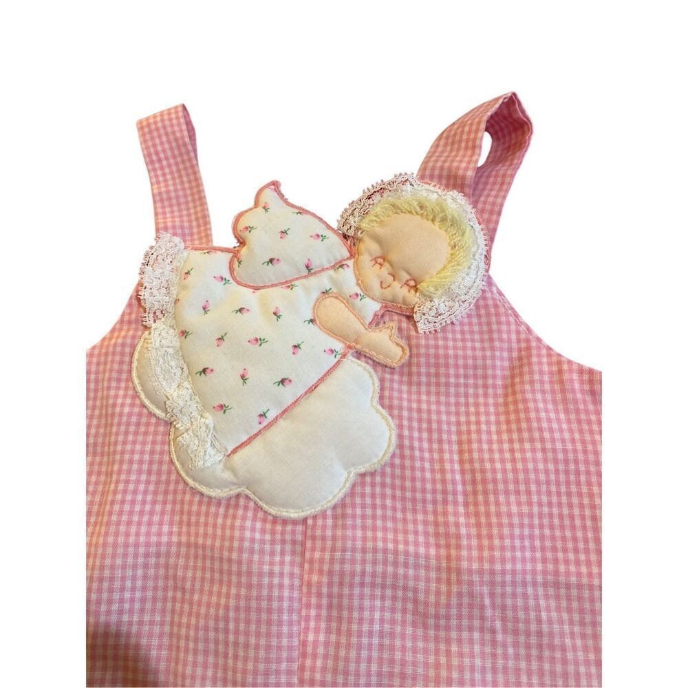 Vintage baby girl, pink and white checkered romper with padded angel size 3/6 mo